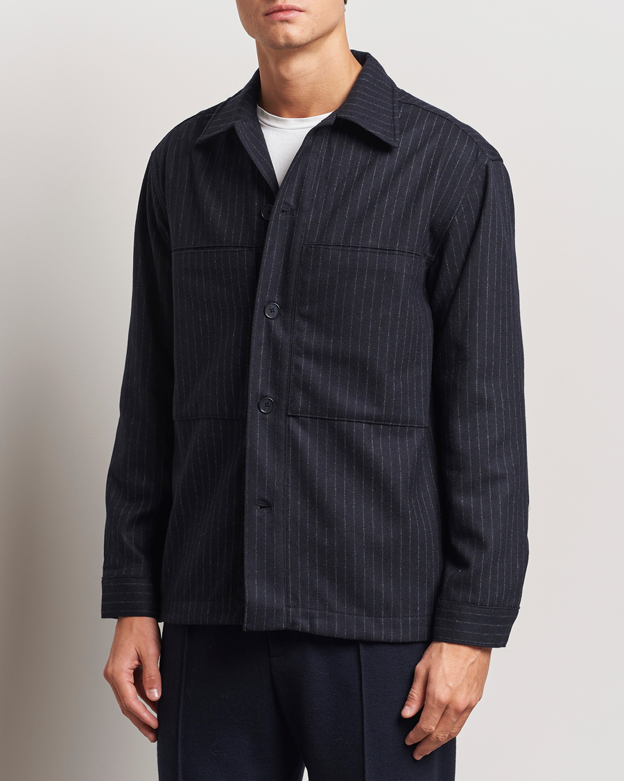 Uomini | Camicie | NN07 | Isak Wool Overshirt Navy Blue Pinstripe