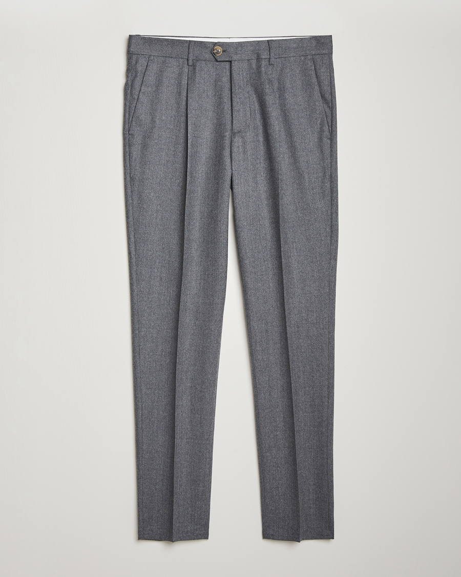 Uomini | Pantaloni | Brunello Cucinelli | Slim Fit Pleated Flannel Trousers Grey Melange