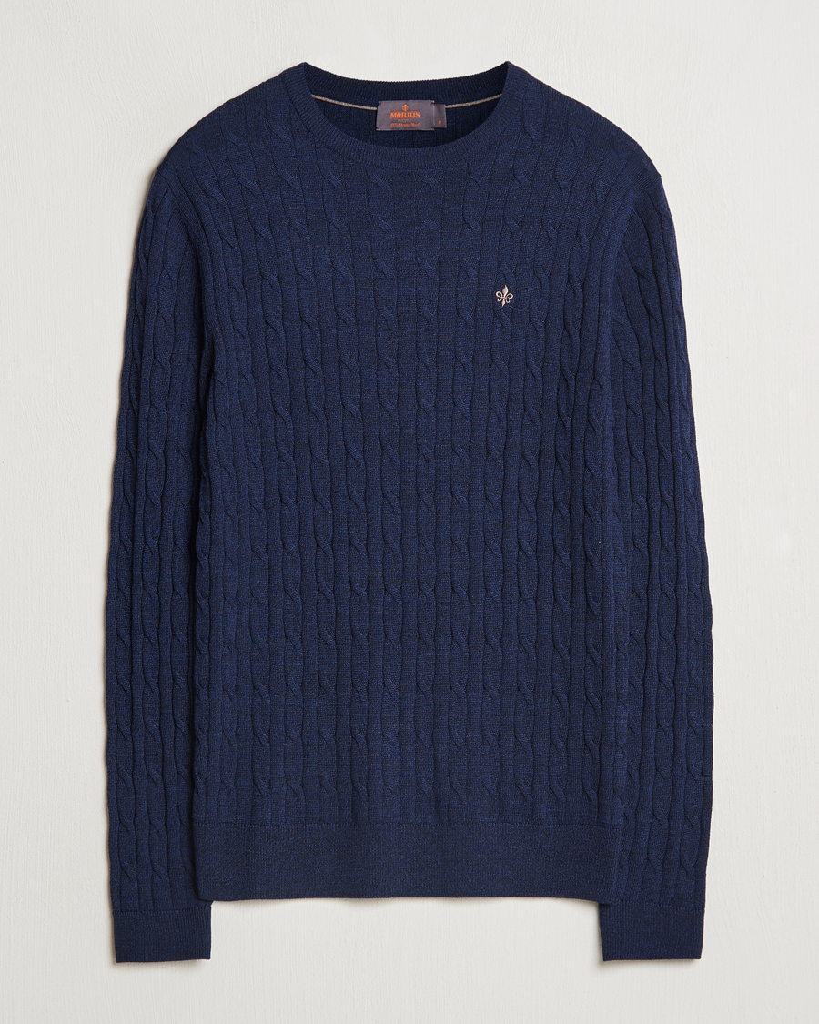 Uomini | Maglieria | Morris | Merino Cable O-Neck Blue