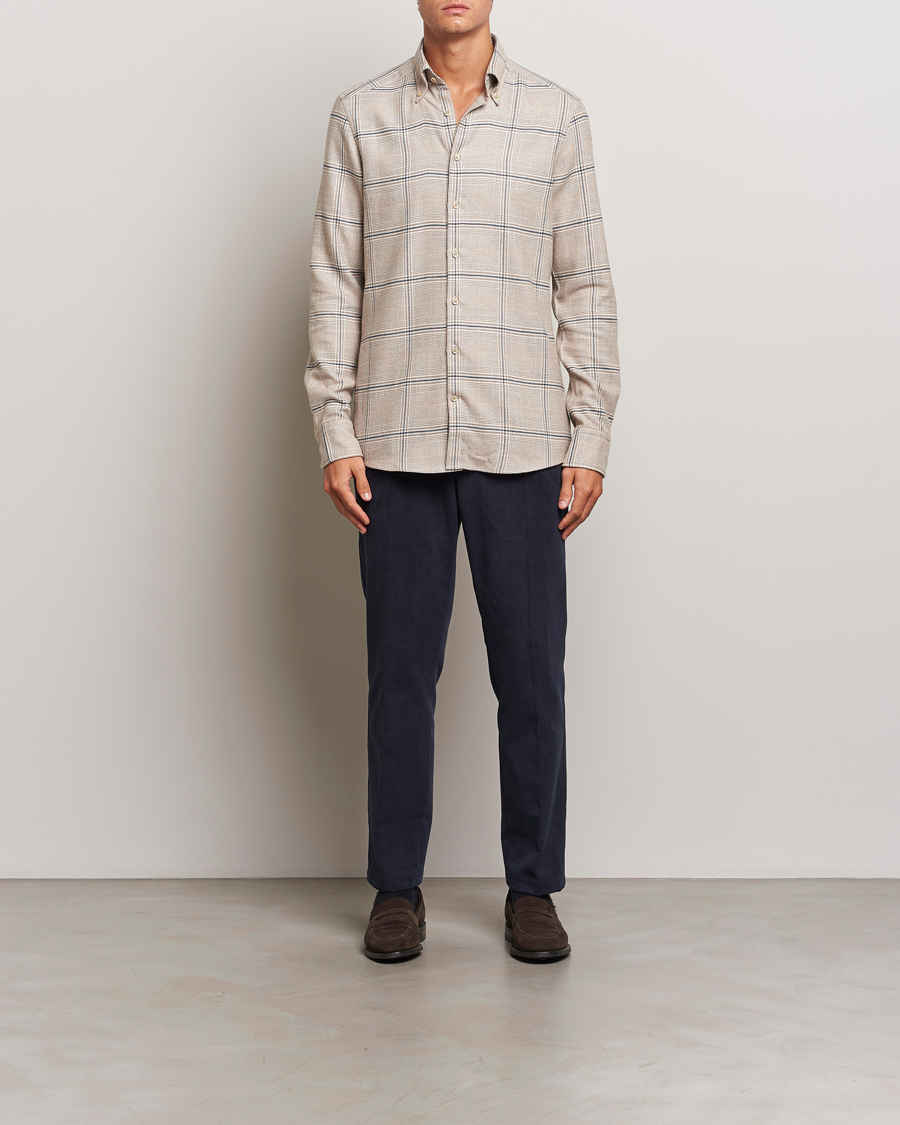 Uomini | Camicie | Stenströms | Slimline Flannel Overcheck Shirt Light Brown