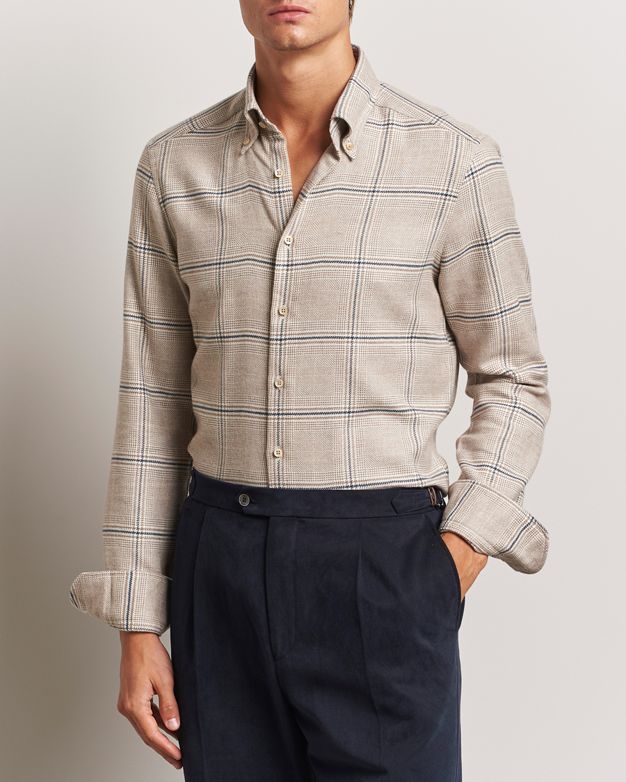 Uomini | Camicie | Stenströms | Slimline Flannel Overcheck Shirt Light Brown