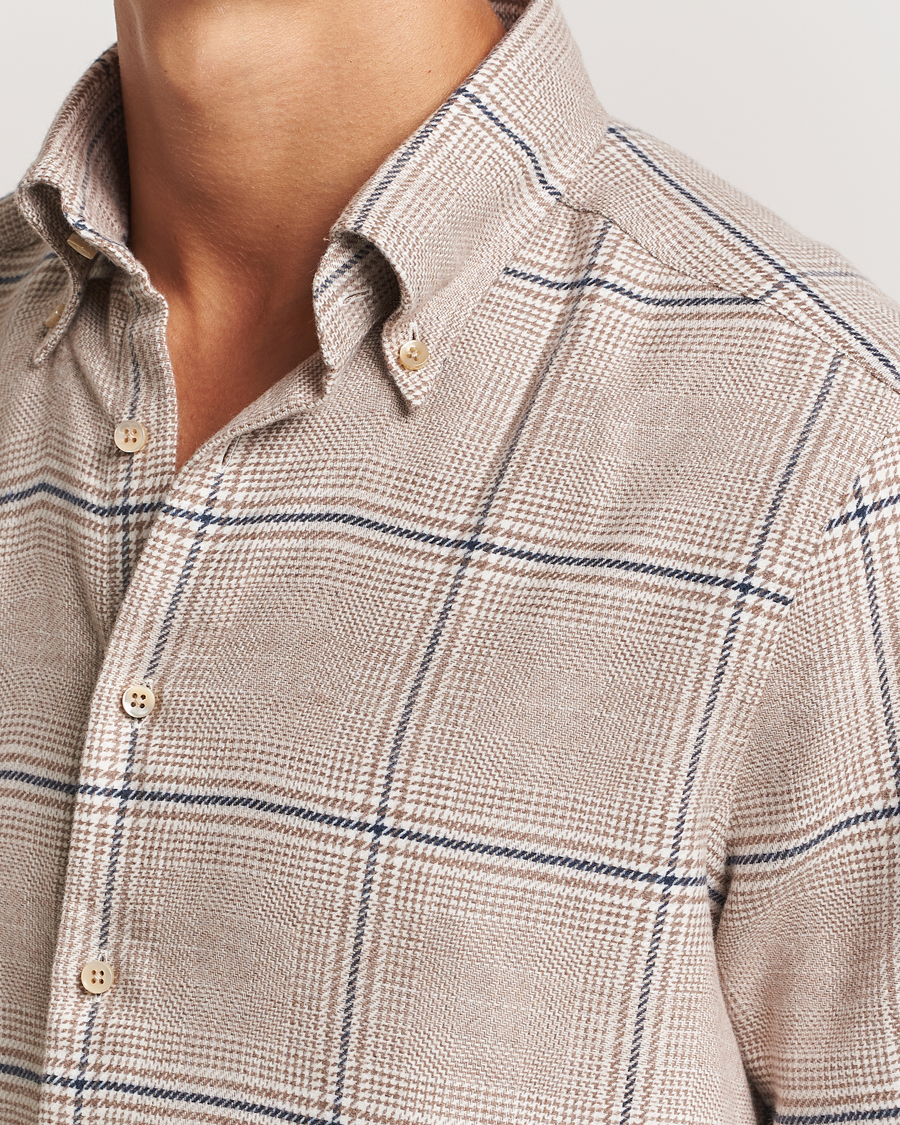 Uomini | Camicie | Stenströms | Slimline Flannel Overcheck Shirt Light Brown