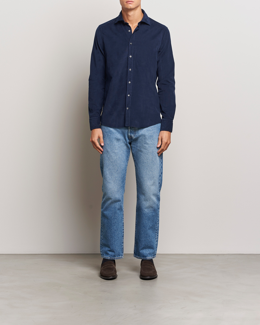 Uomini | Camicie | Stenströms | Slimline Cut Away Cord Shirt Blue