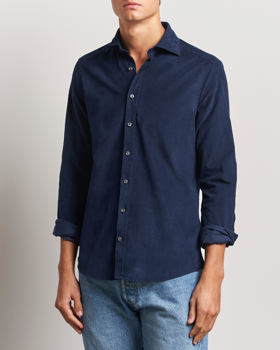 Uomini | Camicie | Stenströms | Slimline Cut Away Cord Shirt Blue