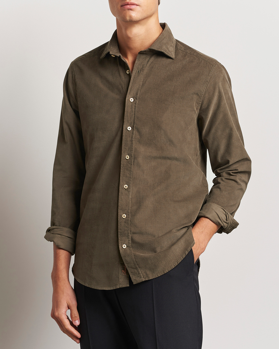 Uomini | Camicie | Stenströms | Slimline Cut Away Cord Shirt Dark Green