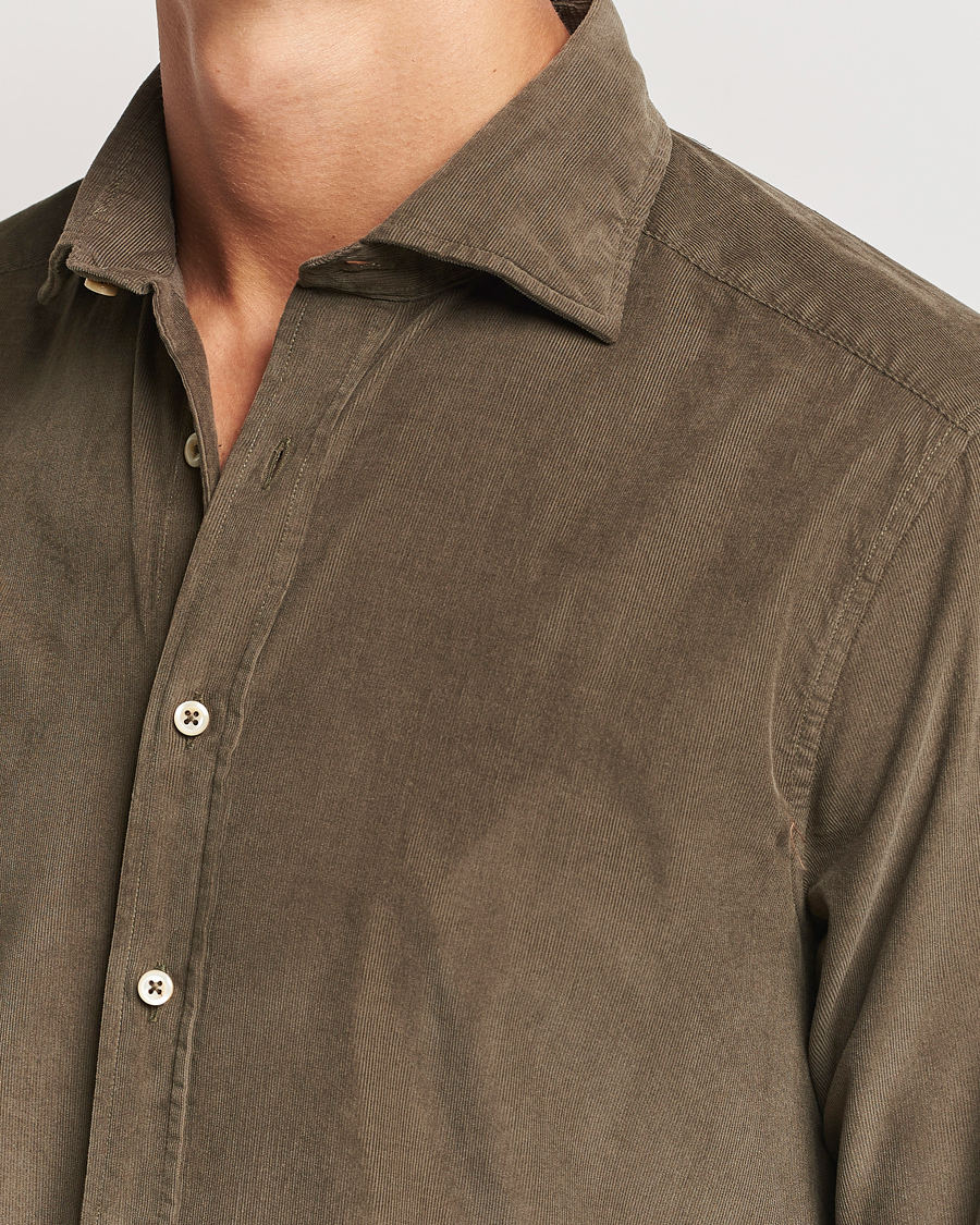 Uomini | Camicie | Stenströms | Slimline Cut Away Cord Shirt Dark Green