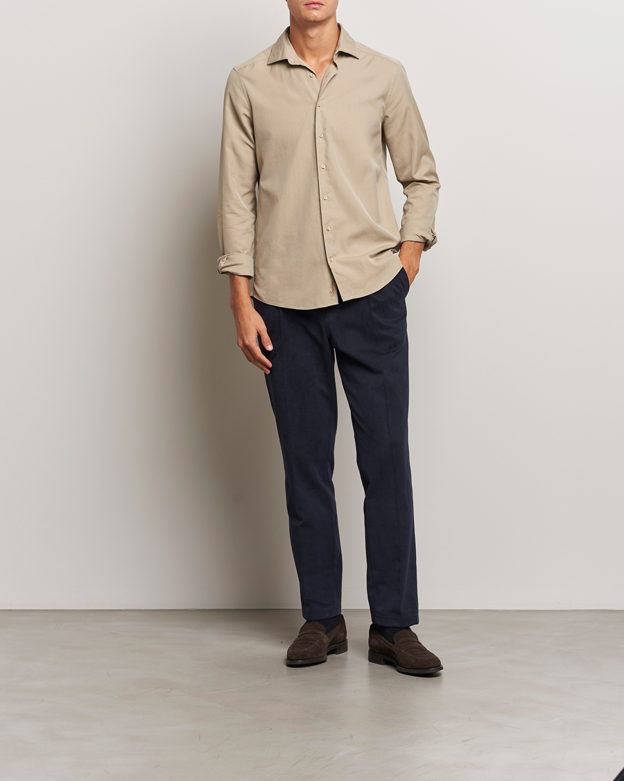 Uomini | Camicie | Stenströms | Slimline Cut Away Washed Twill Shirt Beige