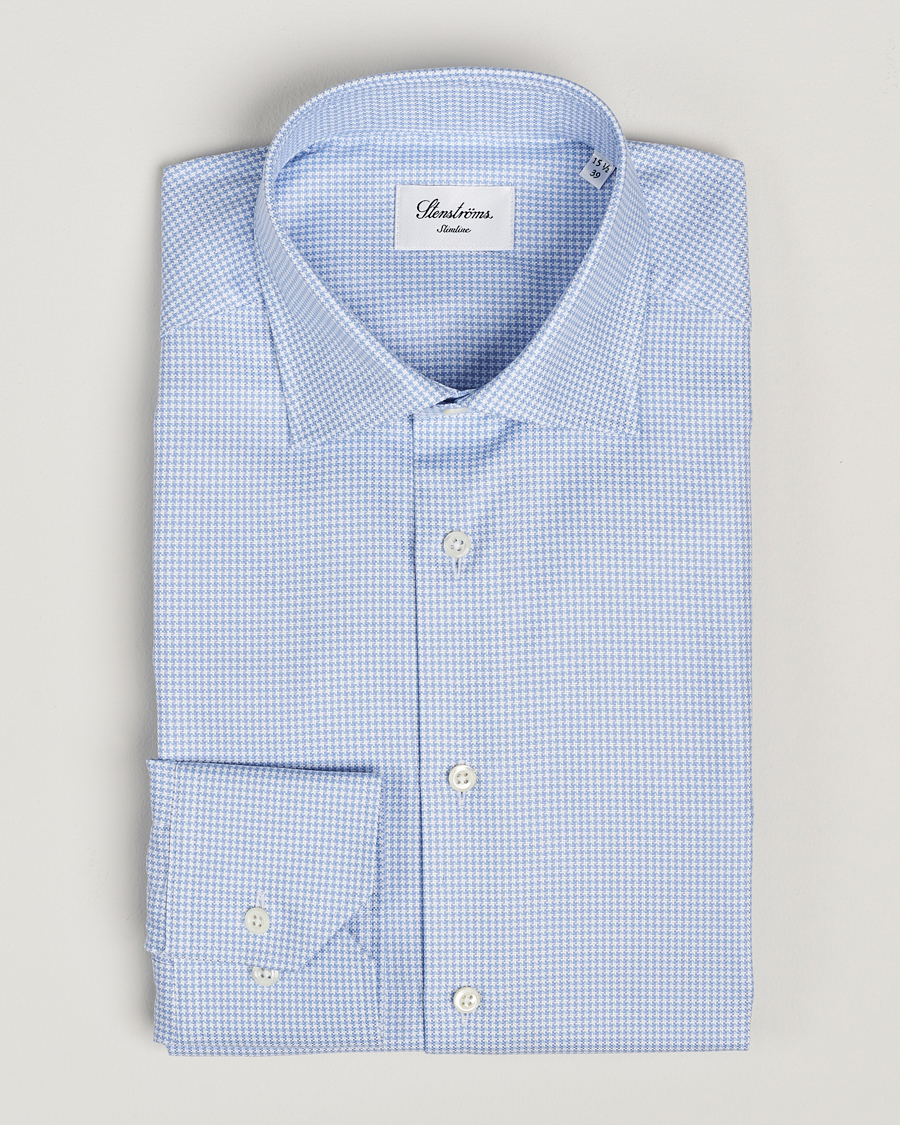 Uomini | Camicie | Stenströms | Slimline Houndstooth Cut Away Shirt Light Blue