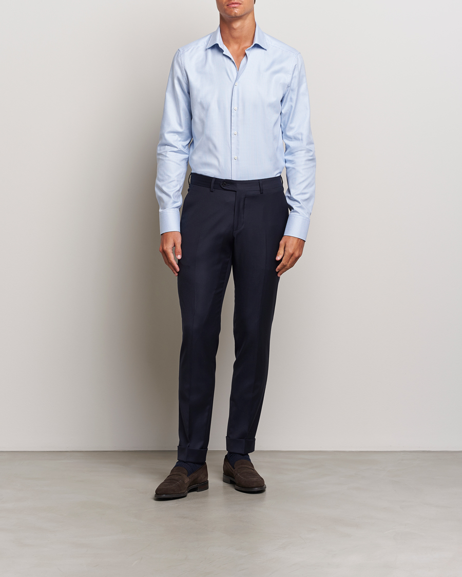 Uomini | Camicie | Stenströms | Slimline Houndstooth Cut Away Shirt Light Blue