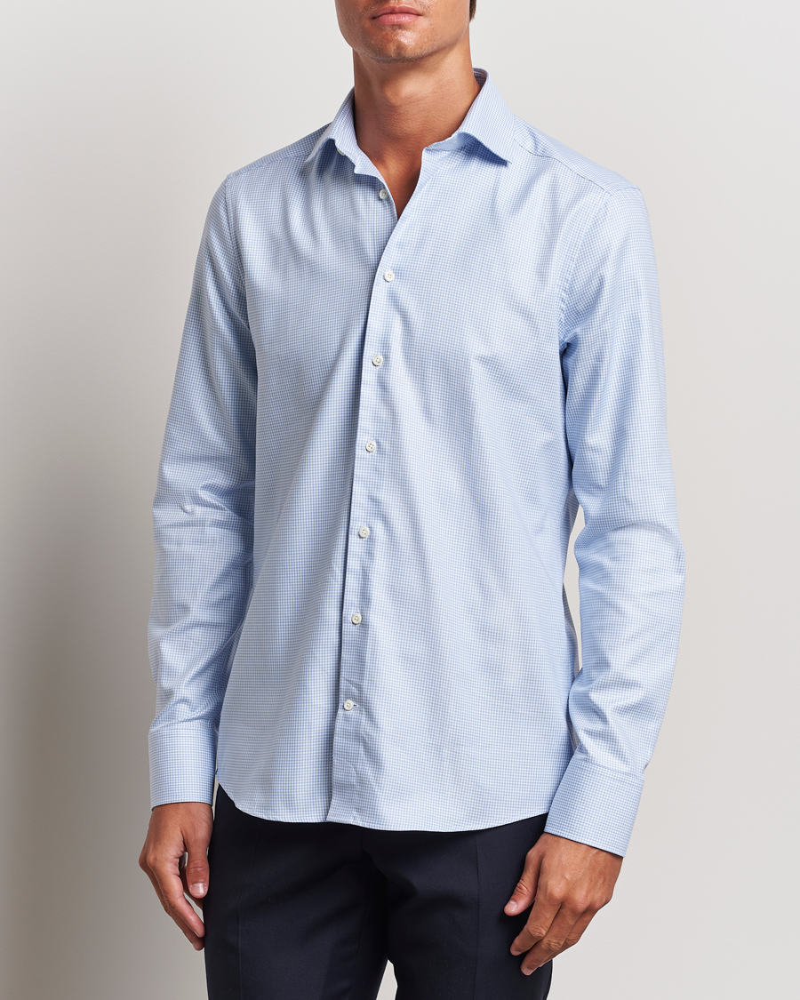 Uomini | Camicie | Stenströms | Slimline Houndstooth Cut Away Shirt Light Blue