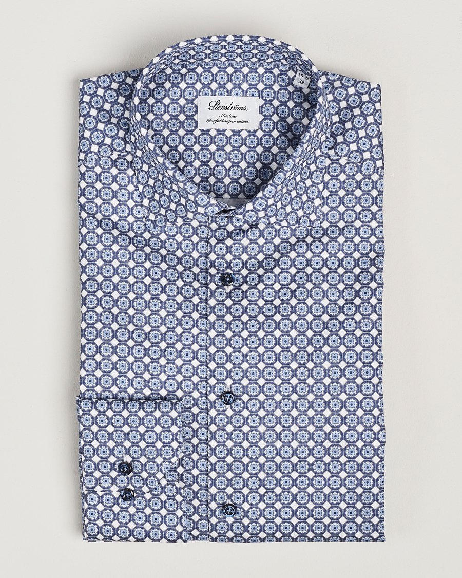 Uomini | Camicie | Stenströms | Slimline Printed Twill Cut Away Shirt Blue