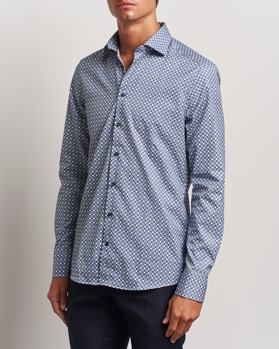 Uomini | Camicie | Stenströms | Slimline Printed Twill Cut Away Shirt Blue