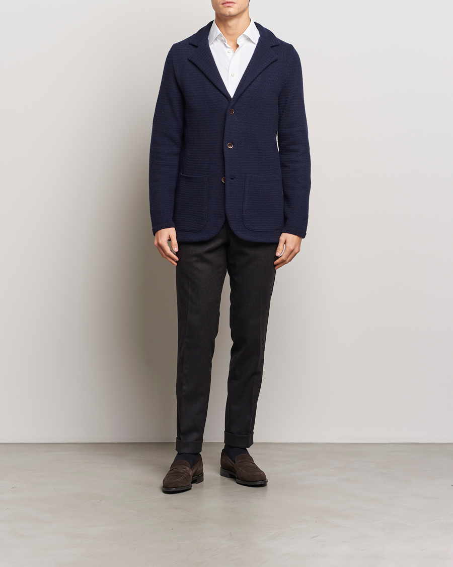 Uomini | Blazers | Stenströms | Knitted Textured Merino Wool Blazer Navy