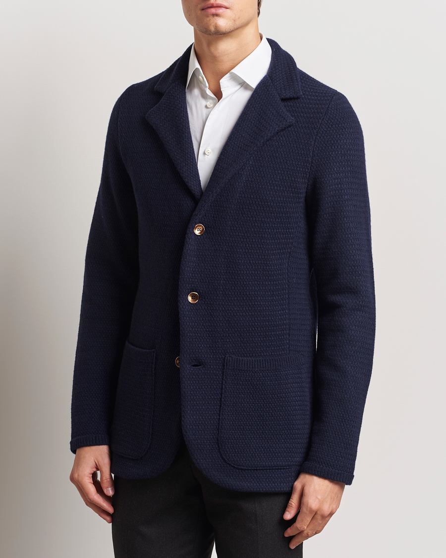 Uomini | Blazers | Stenströms | Knitted Textured Merino Wool Blazer Navy