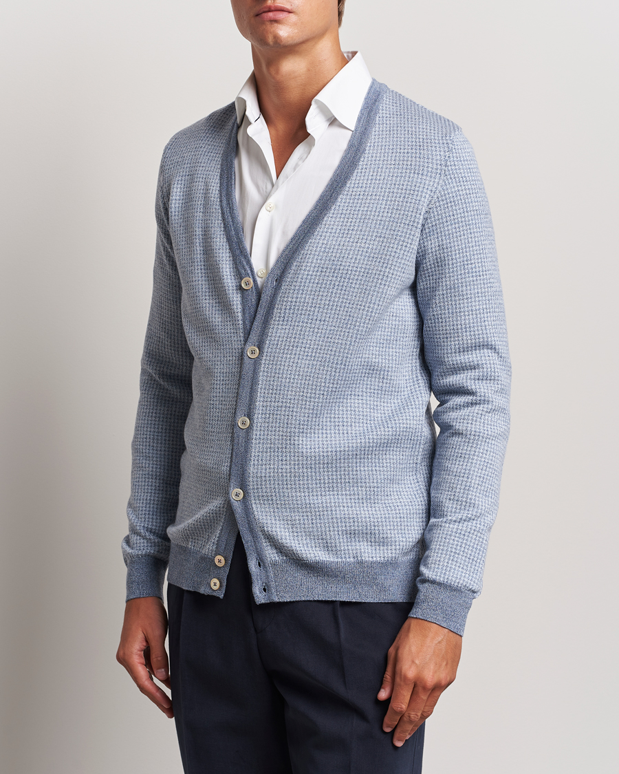 Uomini | Maglieria | Stenströms | Pepita Merino Wool Cardigan Navy