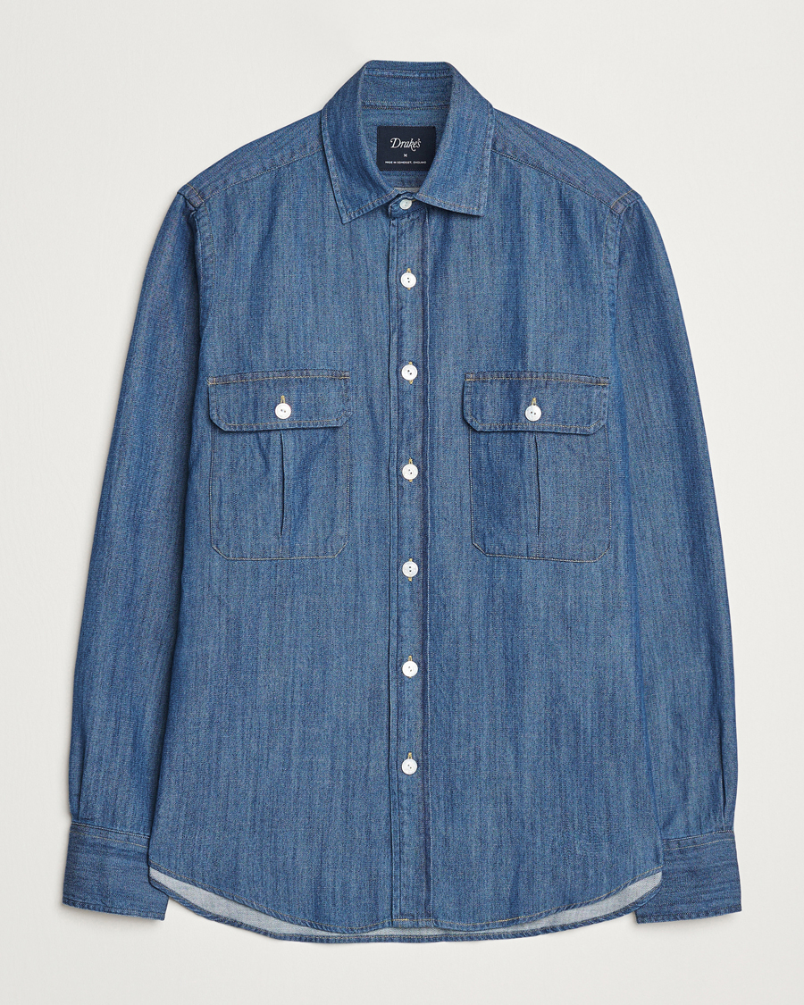 Uomini | Camicie | Drake's | Denim Cotton Two Pocket Work Shirt Blue