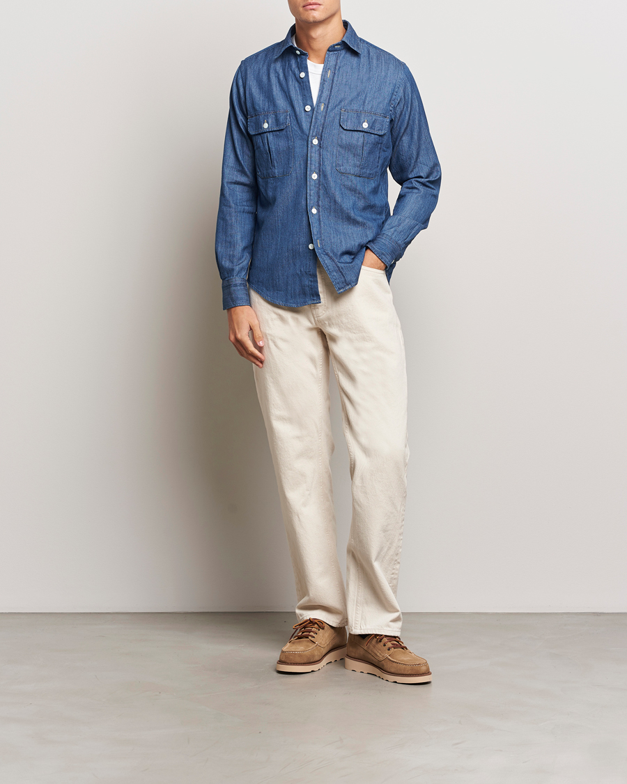 Uomini | Camicie | Drake's | Denim Cotton Two Pocket Work Shirt Blue