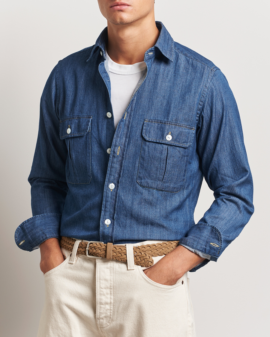 Uomini | Camicie | Drake's | Denim Cotton Two Pocket Work Shirt Blue