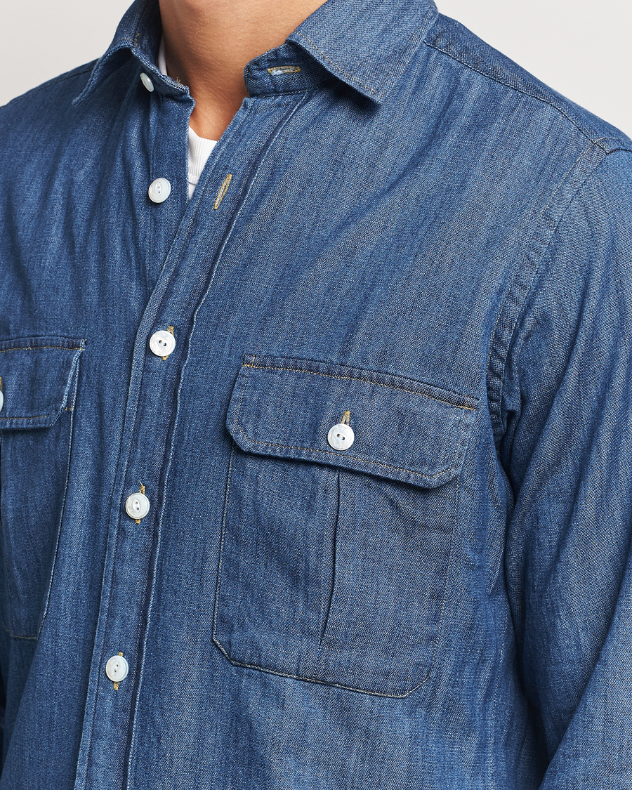 Uomini | Camicie | Drake's | Denim Cotton Two Pocket Work Shirt Blue