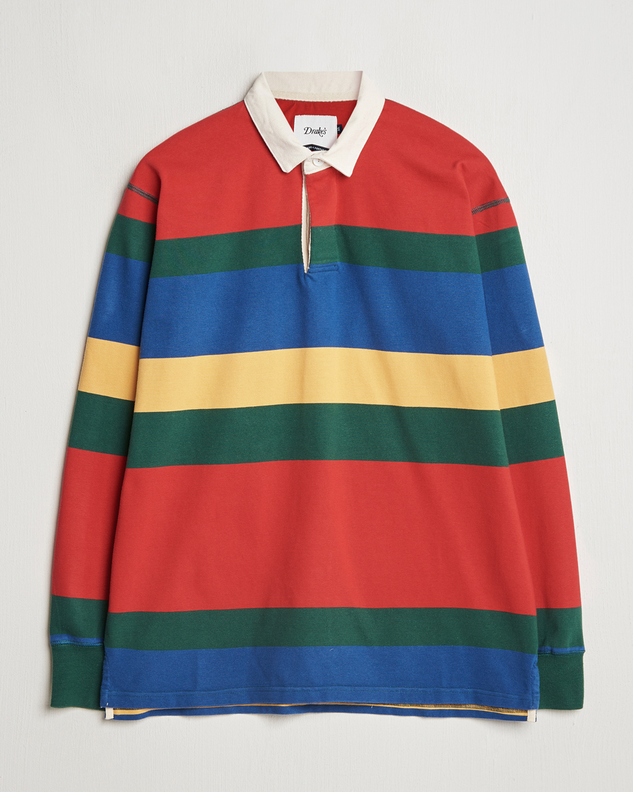 Uomini | Maglieria | Drake's | Multi Striped Rugby Shirt Red/Green/Blue