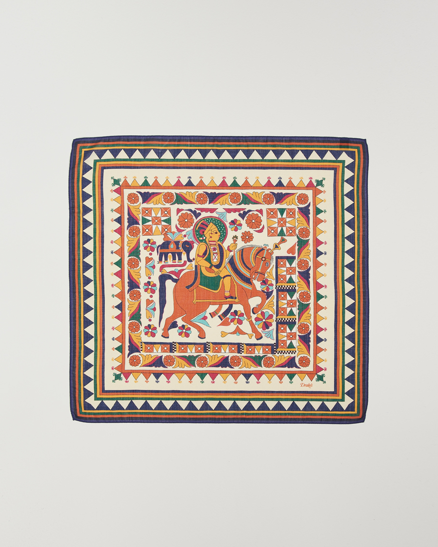 Uomini | Drake's Maharaja Print Wool/Silk Bandana Navy/Yellow | Drake's | Maharaja Print Wool/Silk Bandana Navy/Yellow