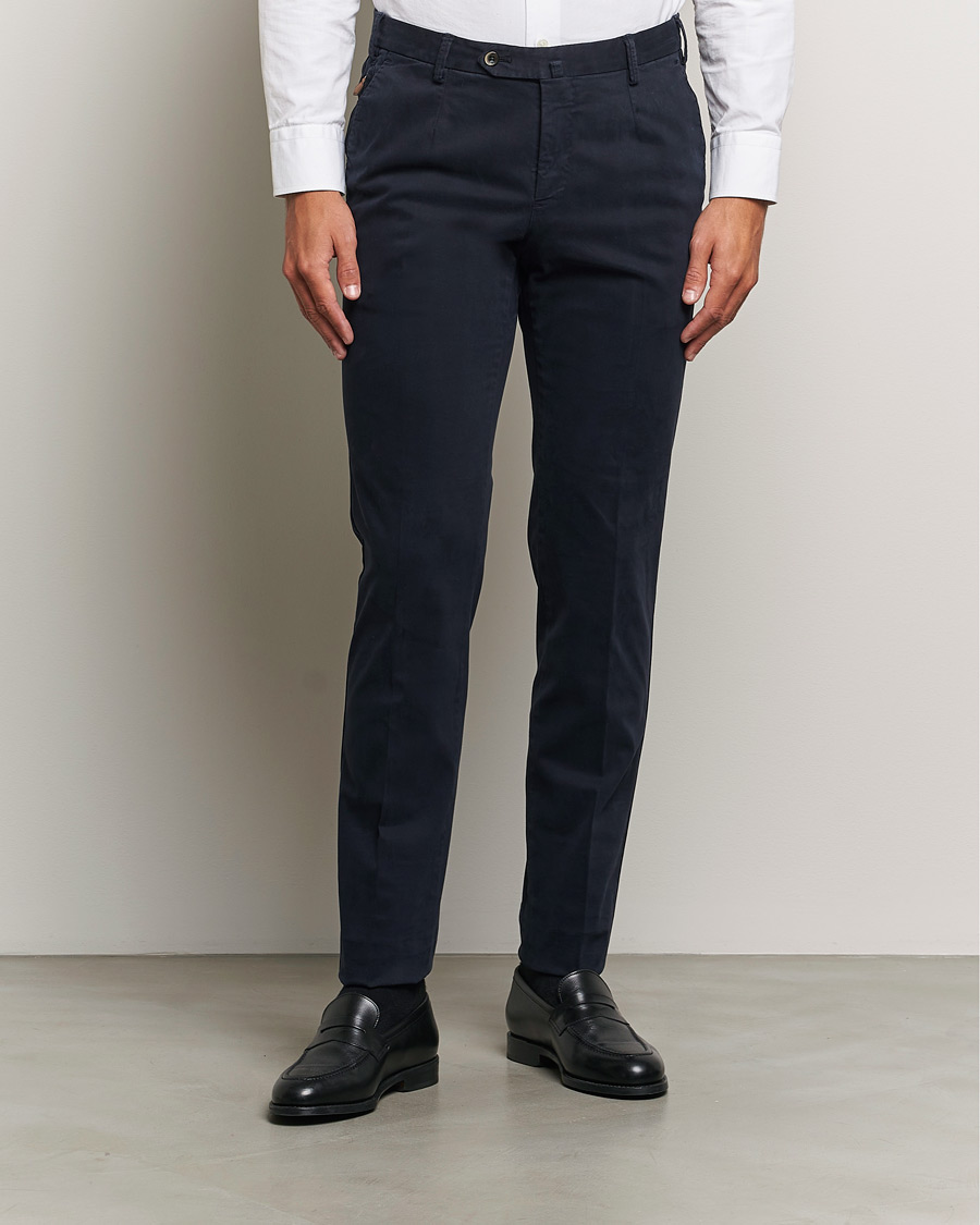 Uomini | Pantaloni | PT01 | Slim Fit Pleated Cotton Trousers Navy