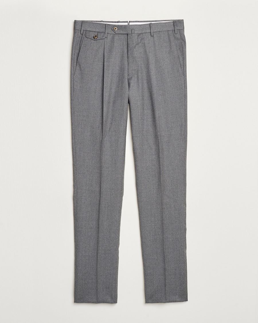 Uomini | Pantaloni | PT01 | Slim Fit Pleated Flannel Trousers Grey Melange