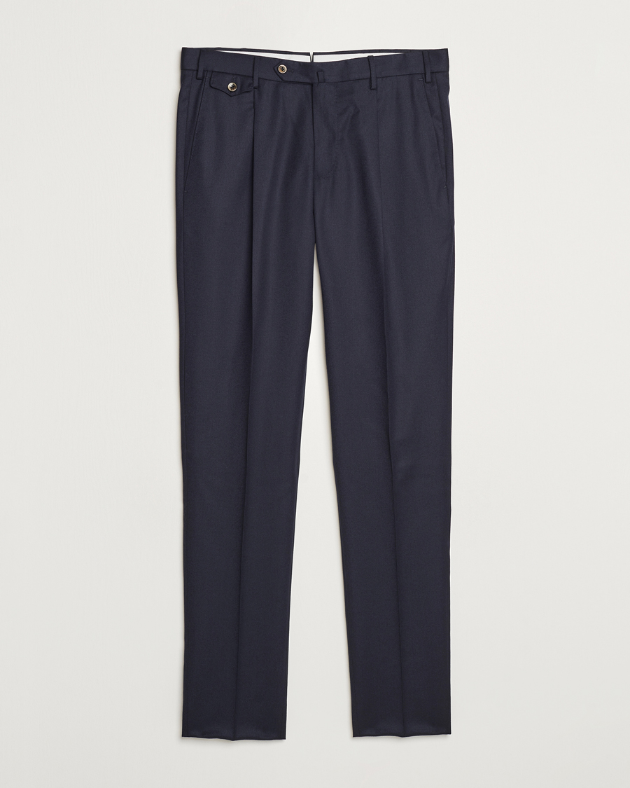 Uomini | Pantaloni | PT01 | Slim Fit Pleated Flannel Trousers Navy