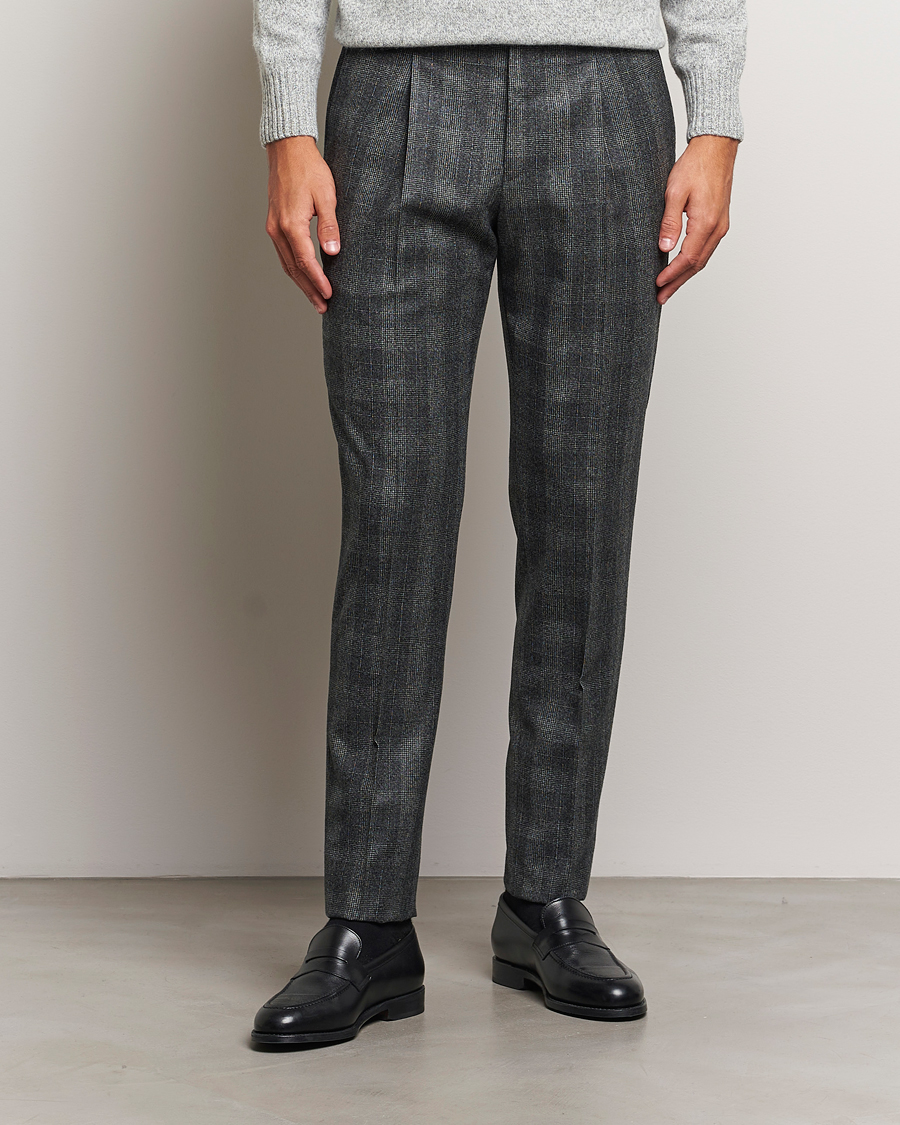 Uomini | Pantaloni | PT01 | Slim Fit Pleated Checked Flannel Trousers Grey