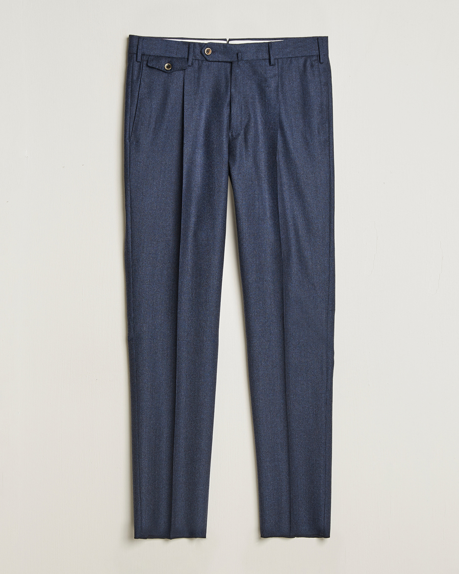 Uomini | Pantaloni | PT01 | Slim Fit Pleated Houndstooth Flannel Trousers Navy