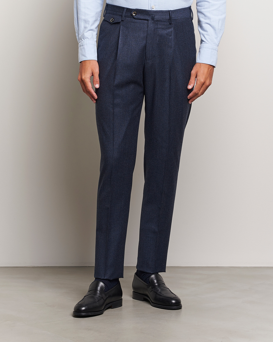 Uomini | Pantaloni | PT01 | Slim Fit Pleated Houndstooth Flannel Trousers Navy