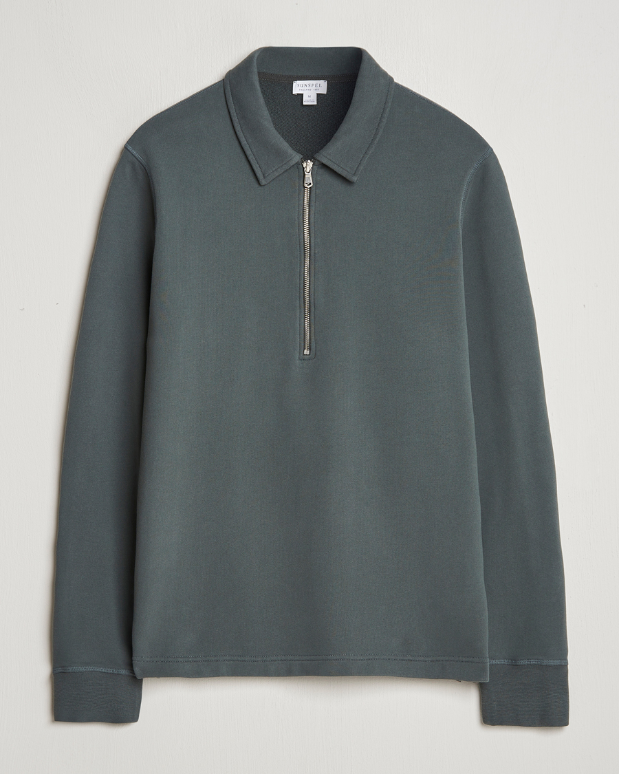 Uomini | Maglieria | Sunspel | Zip Loopback Sweatshirt Polo Drill Green