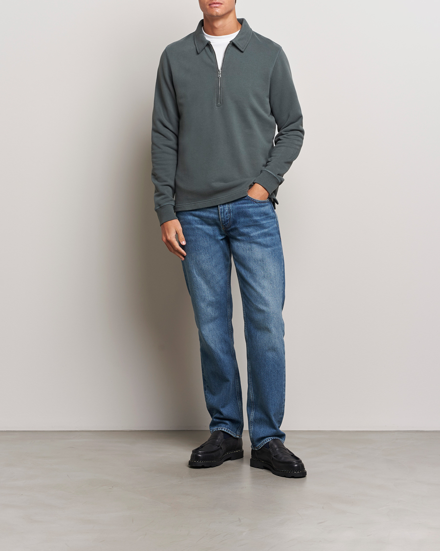 Uomini | Maglieria | Sunspel | Zip Loopback Sweatshirt Polo Drill Green