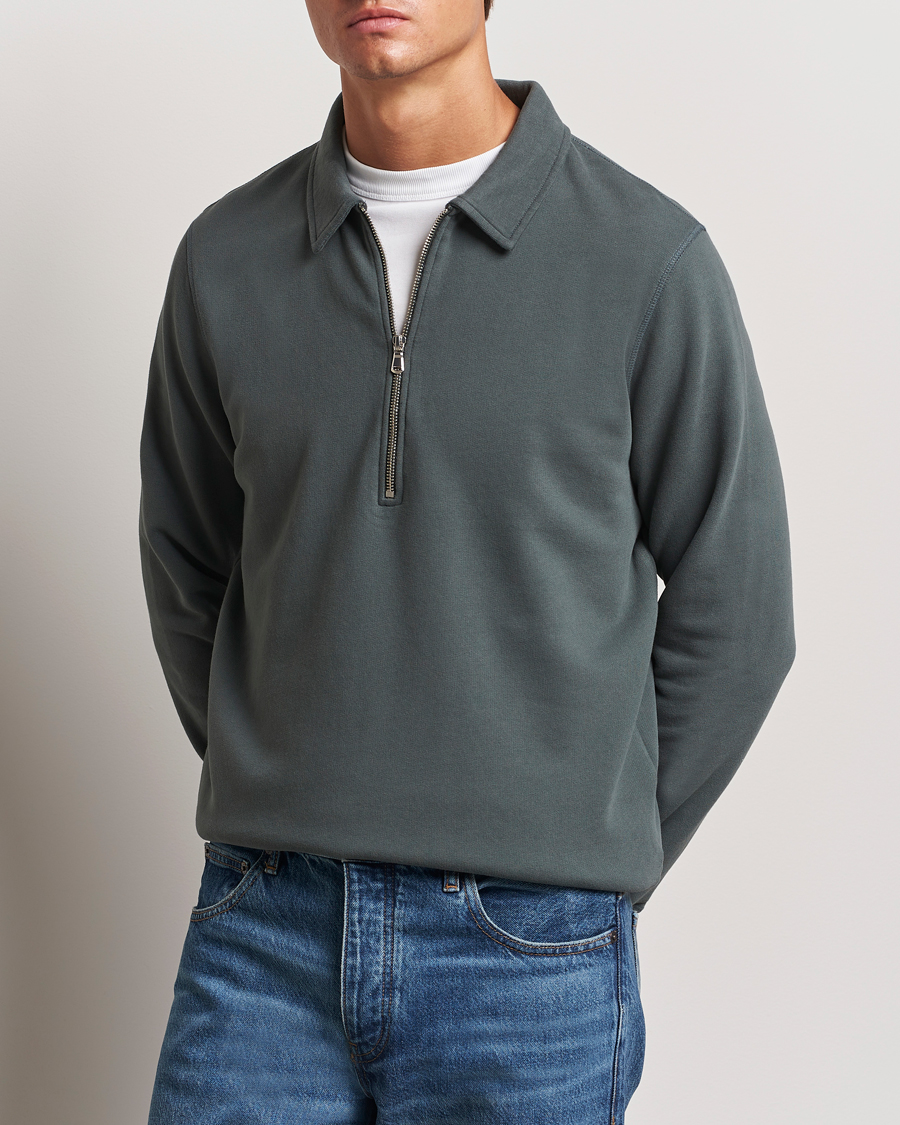 Uomini | Maglieria | Sunspel | Zip Loopback Sweatshirt Polo Drill Green