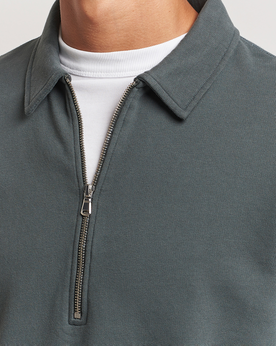 Uomini | Maglieria | Sunspel | Zip Loopback Sweatshirt Polo Drill Green