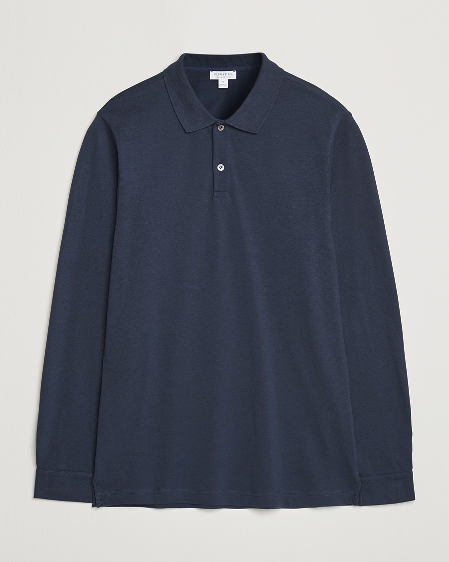 Uomini | Maglieria | Sunspel | Supima Cotton Long Sleeve Pique Polo Navy
