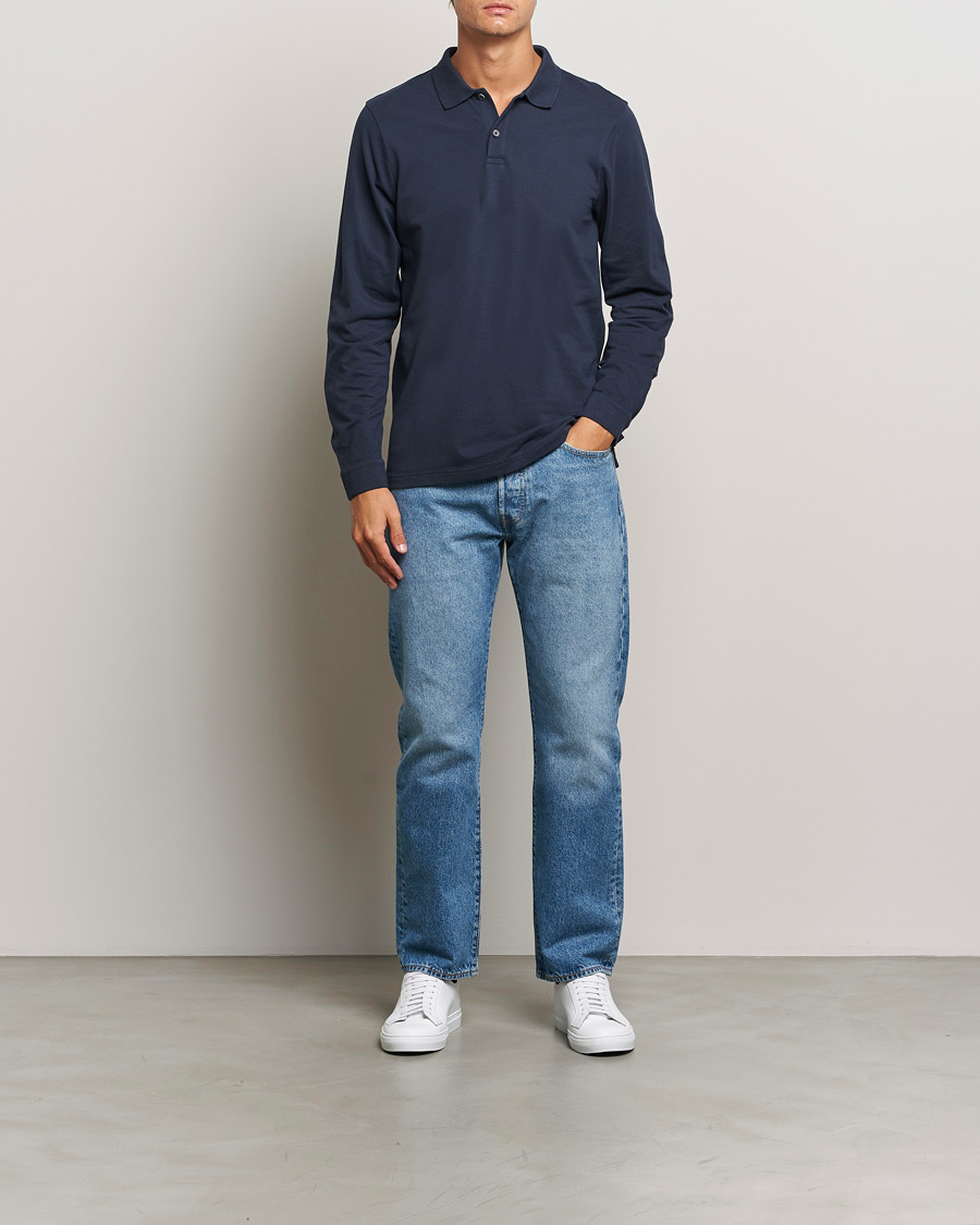Uomini | Maglieria | Sunspel | Supima Cotton Long Sleeve Pique Polo Navy