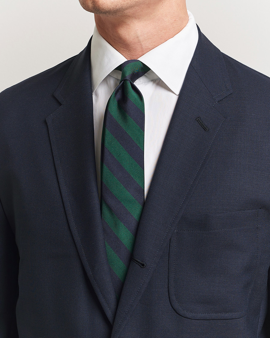 Uomini | Kamakura Shirts Vintage Ivy Regimental Stripe Silk Tie Navy/Green | Kamakura Shirts | Vintage Ivy Regimental Stripe Silk Tie Navy/Green