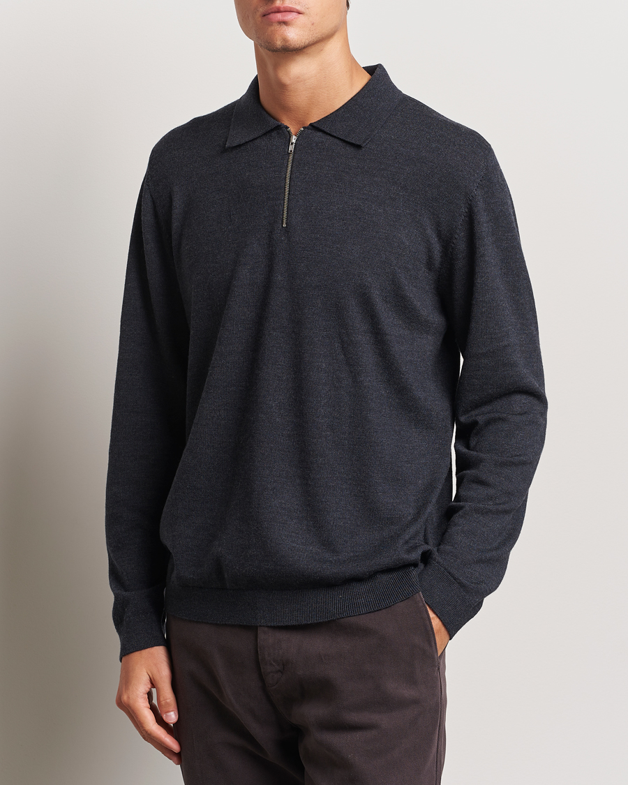 Uomini | Maglieria | A Day's March | Thompson Merino Half-Zip Polo Anthracite