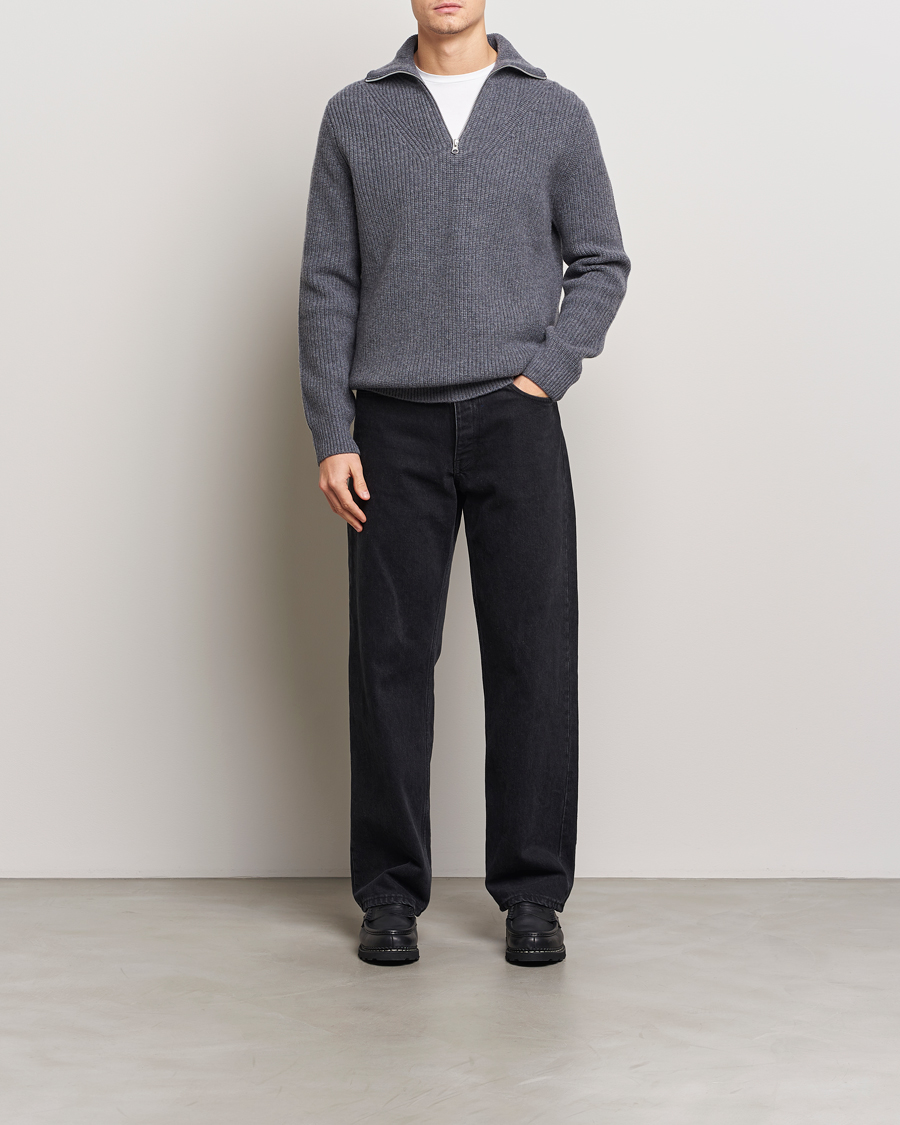Uomini | Maglieria | Samsøe Samsøe | Jacks Merino Rib Knitted Half Zip Charcoal