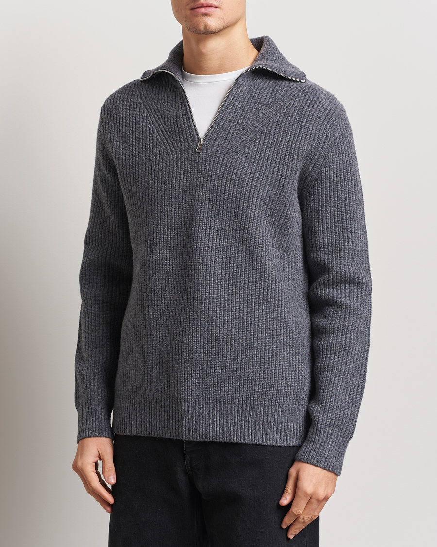 Uomini | Maglieria | Samsøe Samsøe | Jacks Merino Rib Knitted Half Zip Charcoal