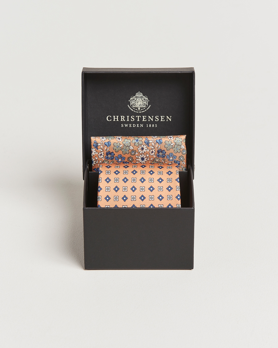 Uomini | Amanda Christensen Box Set Printed Silk 8cm Tie With Pocket Square Orange | Amanda Christensen | Box Set Printed Silk 8cm Tie With Pocket Square Orange