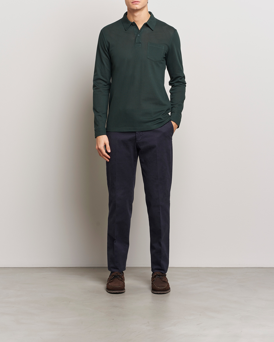 Uomini | Maglieria | Sunspel | Long Sleeve Riviera Polo Shirt Holly Green