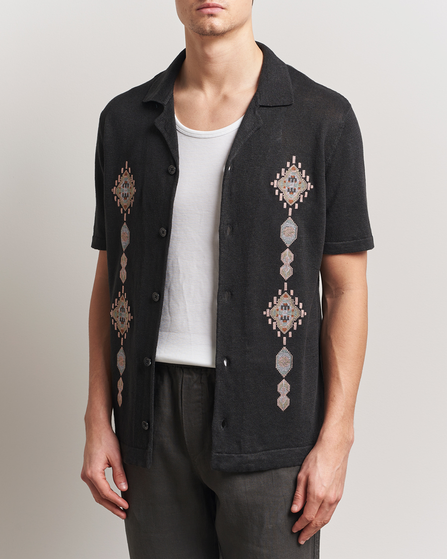 Uomini | Camicie | NN07 | Henry Printed Knitted Short Sleeve Shirt Black