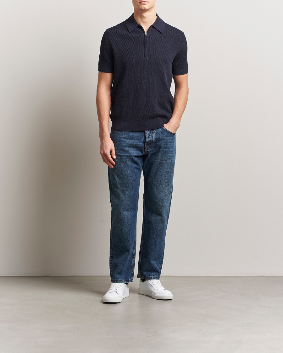 Uomini | Polo | NN07 | Hansie Half Zip Knitted Polo Navy Melange