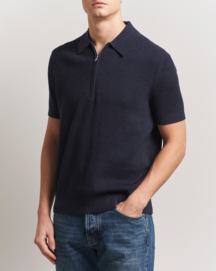 Uomini | Polo | NN07 | Hansie Half Zip Knitted Polo Navy Melange