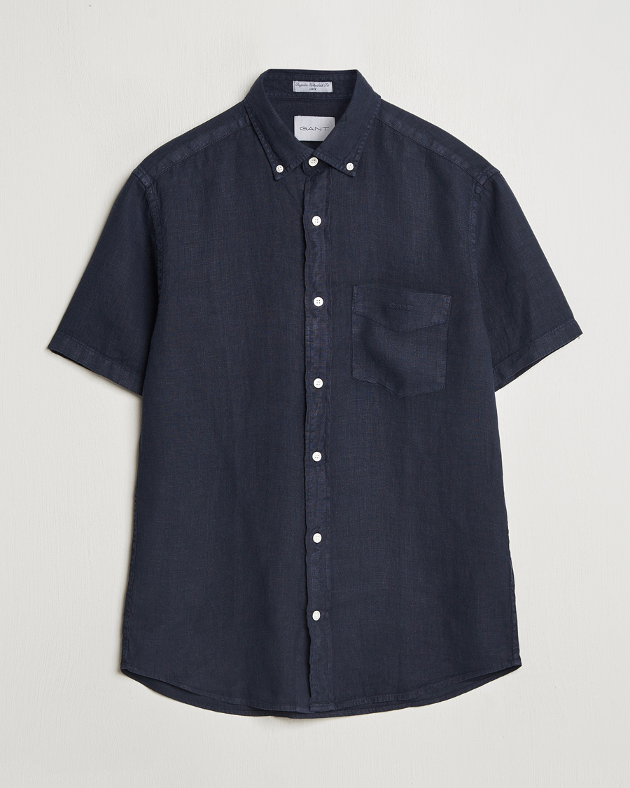 Uomini | Camicie | Gant | Regular Fit Garment Dyed Short Sleeve Linen Shirt Evening Blue