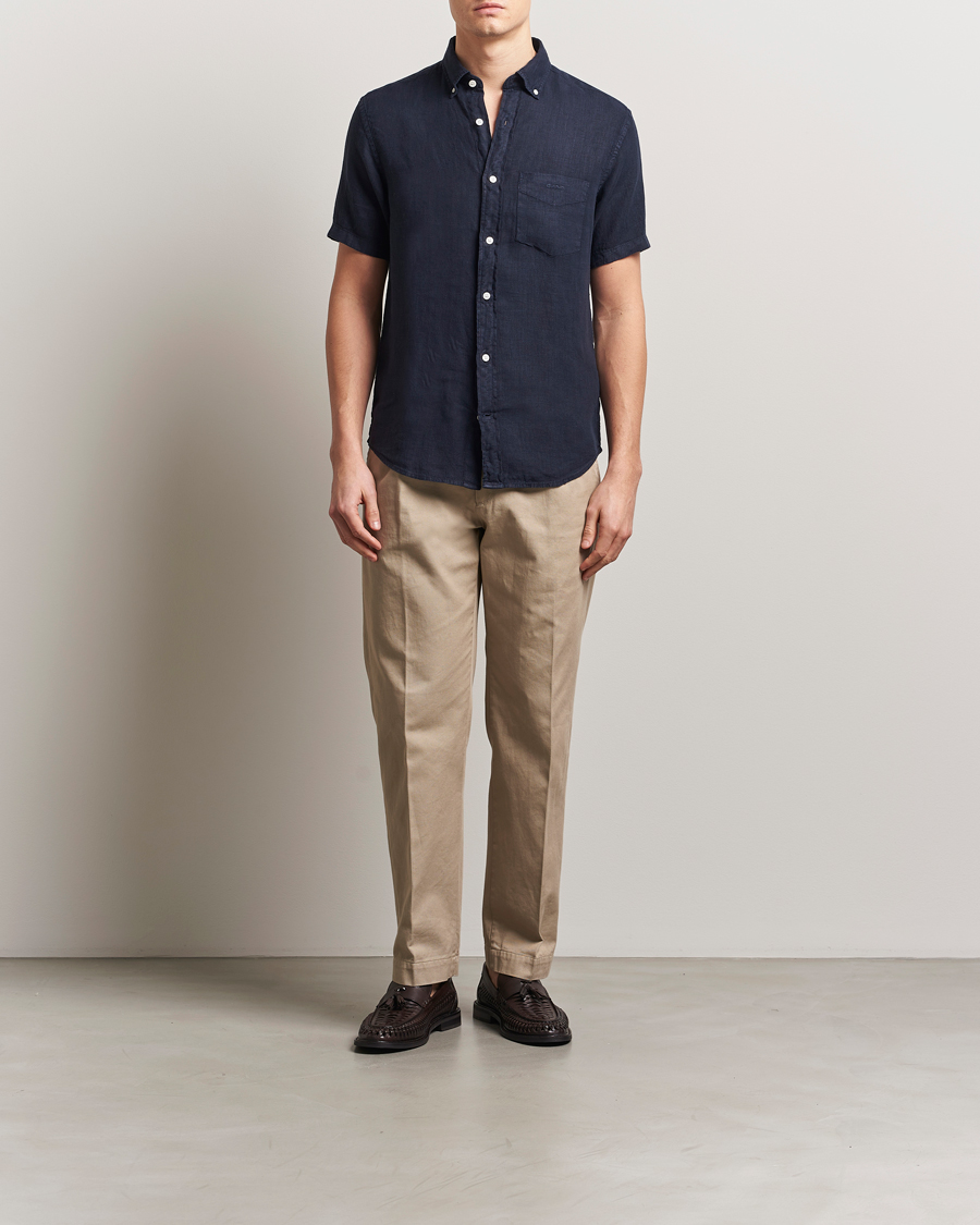Uomini | Camicie | Gant | Regular Fit Garment Dyed Short Sleeve Linen Shirt Evening Blue