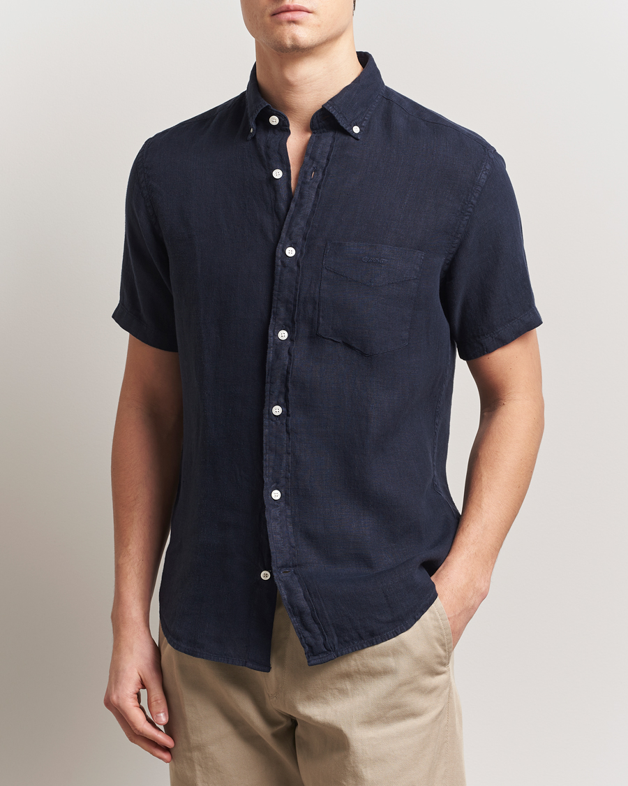 Uomini | Camicie | Gant | Regular Fit Garment Dyed Short Sleeve Linen Shirt Evening Blue