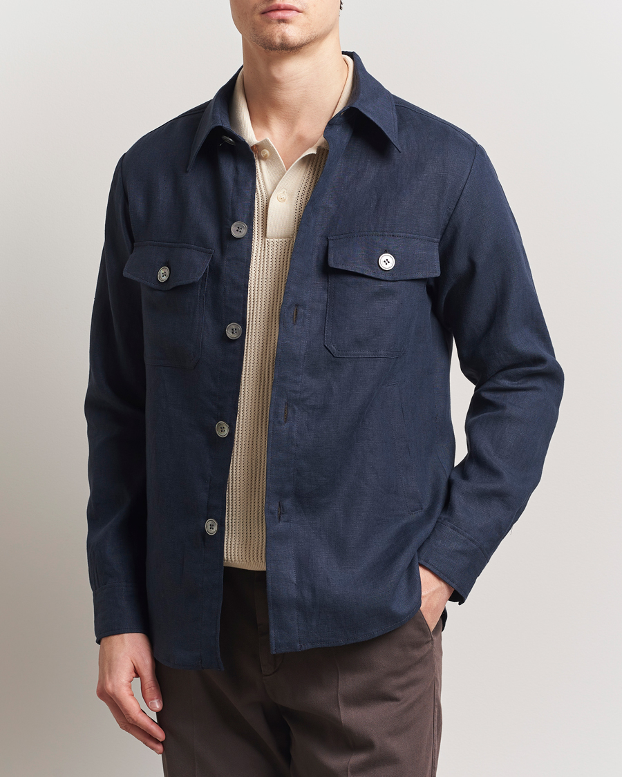 Uomini | Camicie | Oscar Jacobson | Maverick Linen Shirt Jacket Navy